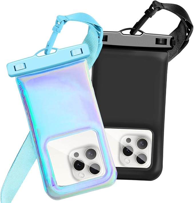 Floatable Waterproof Phone Pouch Case 2 Pax for iPhone 17 16 Pro Max/15/14/13/12, IP68 Travel Cellphone Dry Bag Beach Cruise Ship Essentials Bags with Crossbody Lanyard,Blue and Black-7″