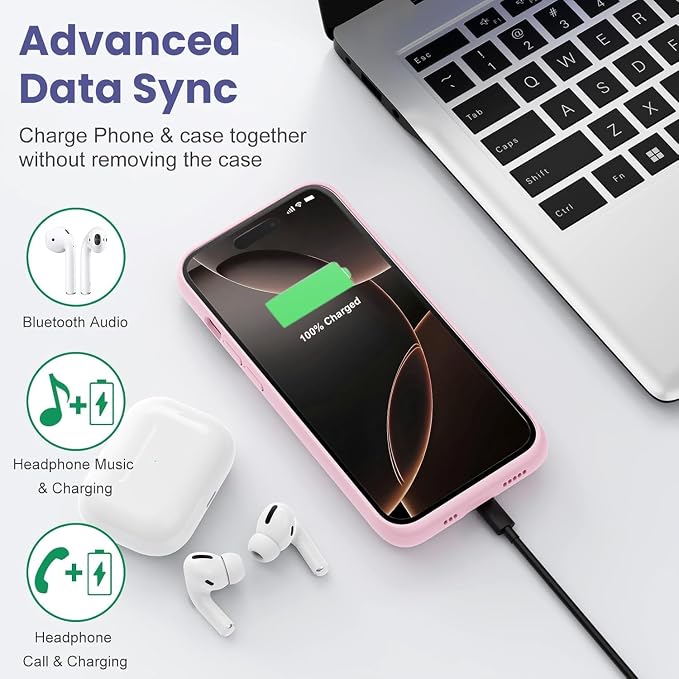 Feob Battery Case for iPhone 16 Pro Max,Ultra-Slim 8600mAh Portable Charger Cover 360°Protection Rechargeable Extended Battery Charging Case for iPhone 16 Pro Max-Pink