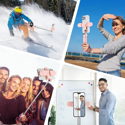 Mini Phone Tripod Stand,MQOUNY 38" Phone Tripod &Selfie Stick with Wireless Rechargeable Remote & Removable Light, Extendable Tripod Stand 360 Rotation Compatible with Phone&Android (MEI-Pink)