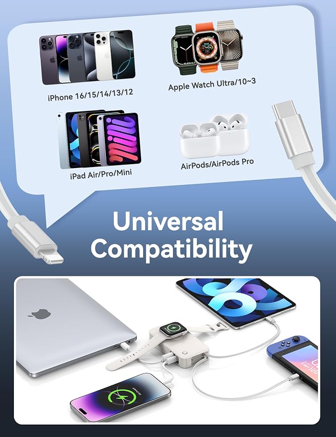RORRY Portable Charger, 10,000mAh 30W Fast Charging Power Bank with Built-in Retractable Cables, Travel Battery Pack for iPhone 17/16/15/14/13/12, Apple Watch, iPad and More, Starlight