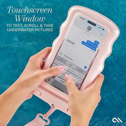 Case-Mate Wavy IP68 Waterproof Phone Pouch - Large Floating Phone Case w/Crossbody Lanyard - Cruise Ship Travel Essentials Compatible w/All Devices - Hidden Pocket for Card/Cash- Ballet Pink Twinkle