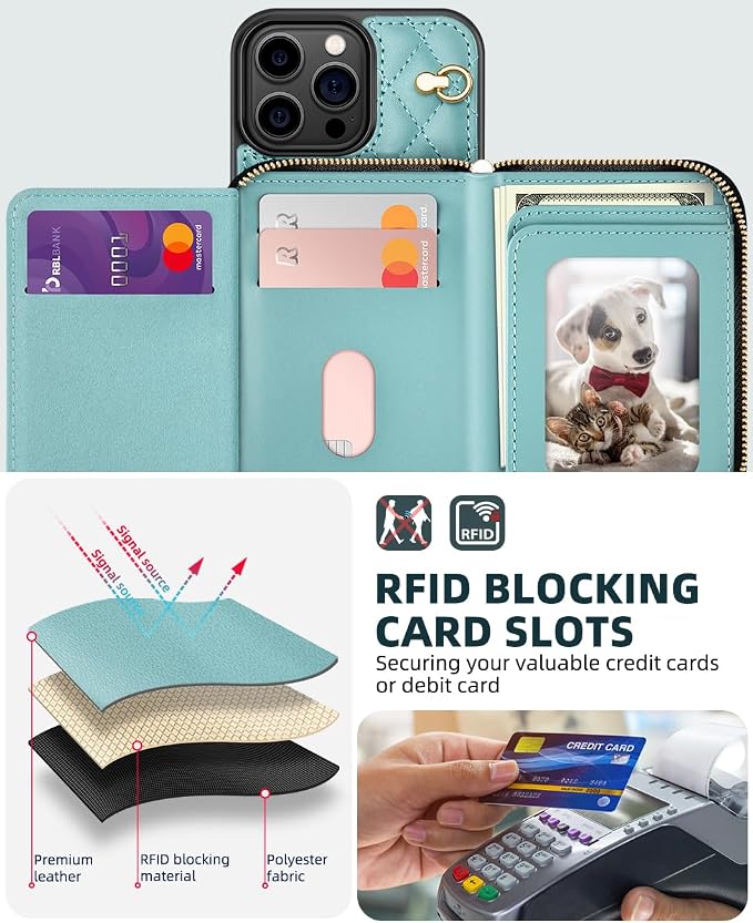 OCASE Compatible with iPhone 16 Pro Crossbody Wallet Case with Card Holder, PU Leather Zipper Handbag Phone Purse with RFID Blocking Kickstand Wrist Strap Lanyard 6.3 Inch, Diamond Check Green