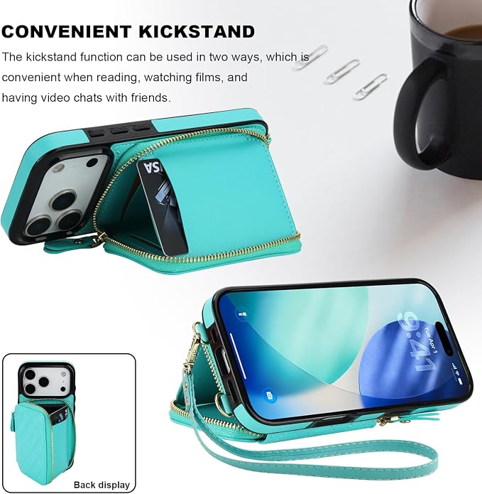 Bocasal Crossbody Wallet Case for iPhone 17 Pro, RFID Blocking PU Leather Zipper Handbag Purse Flip Cover, Kickstand Folio Case with Card Slots Holder Wrist Strap Lanyard 5G 6.3 Inch (Mint Green)