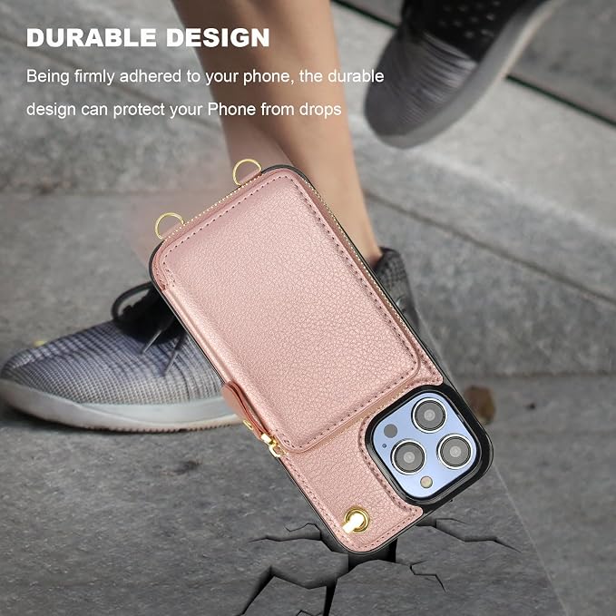 Bocasal for MagSafe Crossbody Wallet Case Compatible with iPhone 14 Pro Max, RFID Blocking Protective Purse Case with Card Slots Holder Kickstand Wrist Strap Lanyard Zipper 6.7 Inch 5G (Rose Gold)