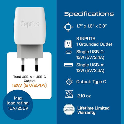 Ceptics European Travel Plug Adapter – Compact Type C & F Adapter with USB-C & A + USA Input – Safe Grounded Schuko Adapter – Travel Charger for France, Germany & More – CTU-9-9C-PK | European Adapters for Travel, Type C & E/F, Grounded Schuko Adapter ...