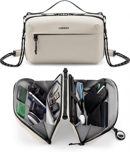 LUGGEX Electronics Organizer Travel Case, Tech Pouch with Crossbody Strap | Magnetic Design, Dual Accessories Bag, Straps, Hooks, Front pocket, Water Resistant, Waterproof pocket, CBX01 Beige