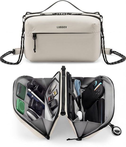 LUGGEX Electronics Organizer Travel Case, Tech Pouch with Crossbody Strap | Magnetic Design, Dual Accessories Bag, Straps, Hooks, Front pocket, Water Resistant, Waterproof pocket, CBX01 Beige