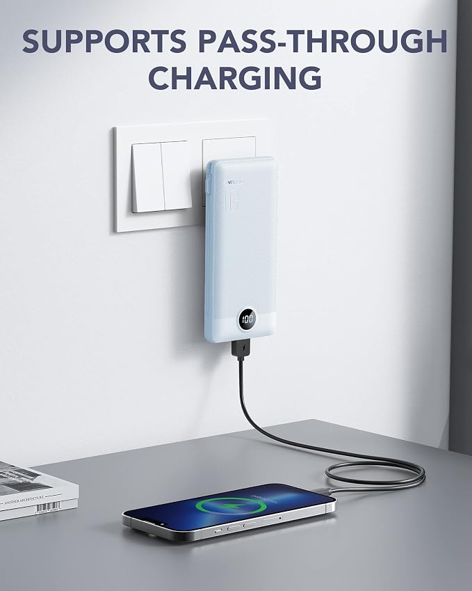 VRURC Portable Charger, Power Bank Built-in Cables and AC Wall Plug | USB C Power Bank 10000mAh, Travel Essentials Phone Charger Compact External Battery Pack For Smart Phones, Tablets etc-Blue