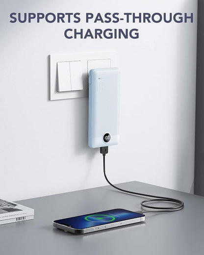 VRURC Portable Charger, Power Bank Built-in Cables and AC Wall Plug | USB C Power Bank 10000mAh, Travel Essentials Phone Charger Compact External Battery Pack For Smart Phones, Tablets etc-Blue