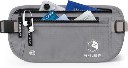 VENTURE 4TH Money Belt for Travel – Hidden Under-Clothes RFID Blocking Passport Holder & Slim Travel Wallet Pouch for Men & Women to Protect Cash, Cards & Documents (Silver)