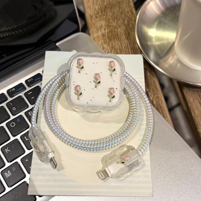 DIY Charger Protection Set, Compatible with Apple 40W Dynamic Power Adapter (with 60W Max), Lovely Crystal Wave Flexible TPU Charger Case + Exquisite Laser Cable Protector, Pink Rose (5-in-1)