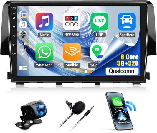 SIXWIN 8 Core Qualcomm Android Car Stereo for Honda Civic 2016-2020 9 Inch Touch Screen with CarPlay Android Auto 3G+32G Bluetooth Cooling Fan Weather Forecast UI Design Intelligent Voice