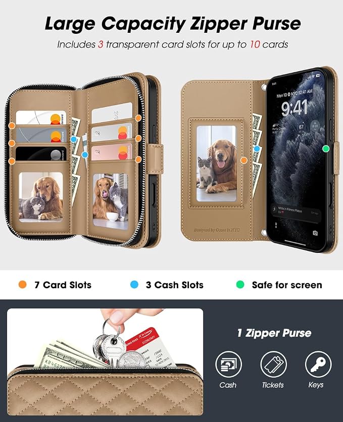 OCASE for iPhone 17 Pro Max Crossbody Wallet Case - Stylish PU Leather Handbag Phone Purse with Zipper Closure, Card Slots & RFID Blocking - Wrist Strap, Lanyard, Kickstand - Diamond Check Khaki