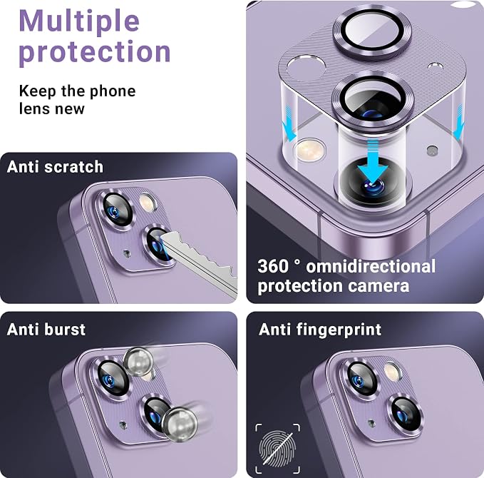 Korecase 2 Pack Camera Protector Compatible with iPhone 14/iPhone 14 plus Whole Piece 9H Tempered Glass Anti Scratch Dust Strong Adhesion full coverage Protective Purple