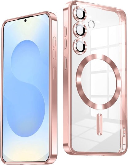 Slim Thin for Samsung Galaxy S25 Case 6.2'', Compatible with MagSafe, Built-in Camera Lens Protector, Shockproof Protective Phone Case, Soft Electroplated Clear Phone Cover, Rose Gold