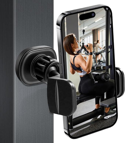 Gym Phone Holder 360 Rotation Golf Cart Phone Mount Magnet Phone Holder for Gym Fit 4.7-7 Inch Smartphone Gym Accessories for Women Men (Curved clamp Head Double Magnetic Attraction Type)