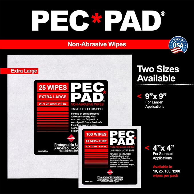 PEC-PAD Lint Free Wipes and Eclipse Optic Cleaning Solution - Non-Abrasive 4" x 4" Lens Wipes for Phone, Camera, Computer, and All Sensitive Glass - Cleaning Kit - (59ml) 2oz