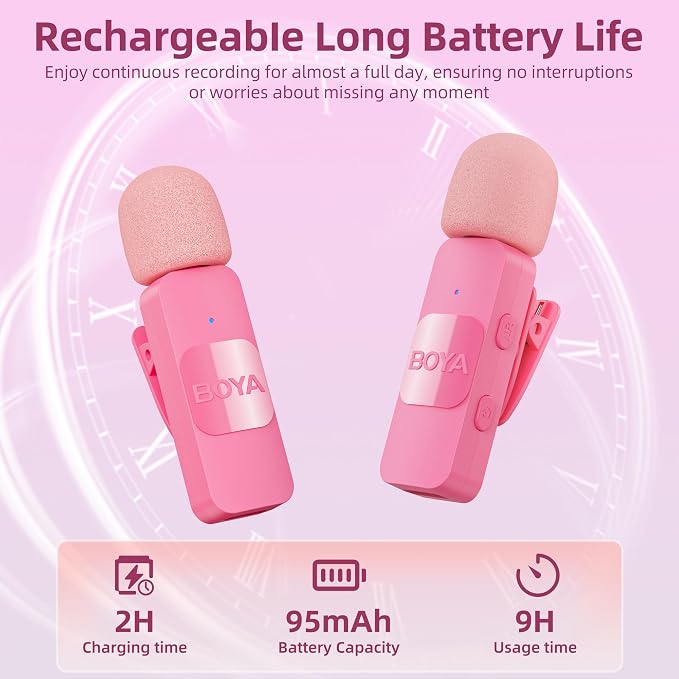 BOYA Wireless Lavalier Microphone for Android USB C Smartphone Tablet External Mini Lapel Type C Microphone for Cell Phone Clip-On Mic for Video Recording Podcast YouTube Live Streaming (Pink)