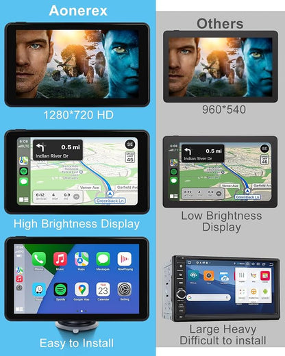 Wireless CarPlay Android Auto Car Screen, 7 Inch HD Bluetooth AirPlay Touch Screen Protable Car Stereo Naivgation Music Video Player Mirrorring, Siri, AUX, Voice Assistant
