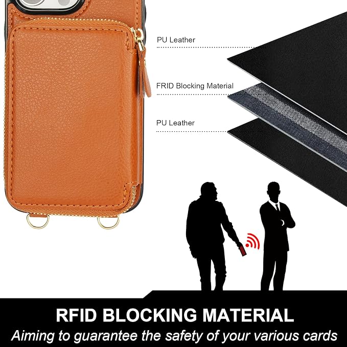 Bocasal for MagSafe Crossbody Wallet Case Compatible with iPhone 16 Pro, RFID Blocking Protective Purse Case with Card Slots Holder Kickstand Wrist Strap Lanyard Zipper 6.3 Inch 5G (Brown)