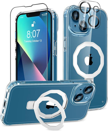 for iPhone 13 Case, with Screen Protector + Camera Lens Protector, Built-in Seamless Stand, [Compatible with MagSafe] Protective Shockproof Phone Case, Cover for iPhone 13 - Clear