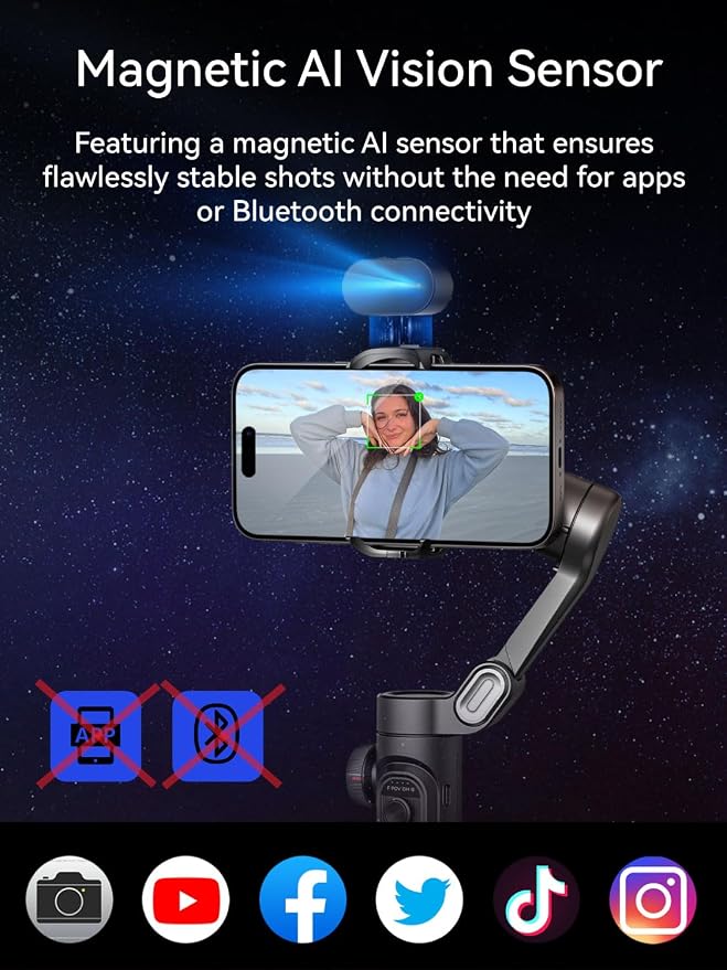 AOCHUAN Gimbal Stabilizer for Smartphone with AI Tracking Sensor, Gimbal with Focus Wheel for Phone/Android, Phone Stabilizer with 7.0 Anti-Shake for Video Recording-Smart XE AI