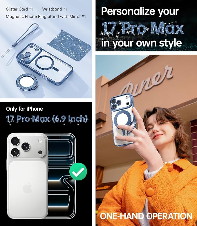 Meifigno Magnetic Case Designed for iPhone 17 Pro Max with Removable Phone Ring Stand, Glitter Card & Wrist Strap, Compatible with MagSafe, Built in Mirror, Phone Ring Holder + Case Kit, Blue