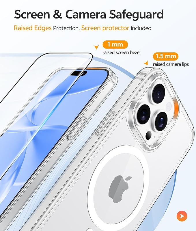 FNTCASE for iPhone 15 Pro Max Case, Fit for Magsafe, Glass Screen Protector | Anti Yellowing, Magnetic Phone Cases, 14FT Military Grade Drop Protection, Slim Shockproof Protective Cover, Clear