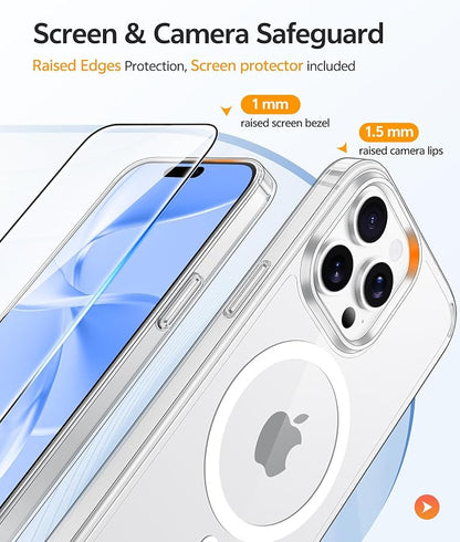 FNTCASE for iPhone 15 Pro Max Case, Fit for Magsafe, Glass Screen Protector | Anti Yellowing, Magnetic Phone Cases, 14FT Military Grade Drop Protection, Slim Shockproof Protective Cover, Clear