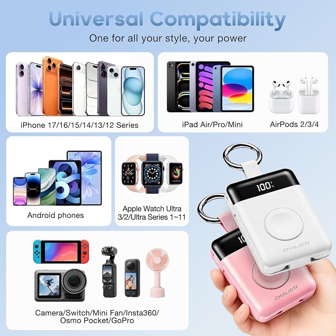 10000mAh Portable Charger,PD 22.5W Super Fast Charging Power Bank with Built-in Cables, Travel Keychain Battery Pack for iPhone 17/16/15/14/13/12,Apple Watch Ultra/11/10/9/8/7/6/SE