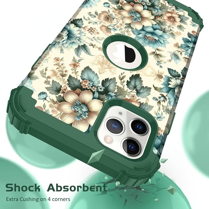 Hocase for iPhone 11 Pro Max Case, Heavy Duty Shockproof Protection Soft Silicone Rubber Bumper+Hard Plastic Hybrid Protective Case for iPhone 11 Pro Max (6.5" Display) 2019 - Teal Blue Flowers