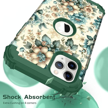 Hocase for iPhone 11 Pro Max Case, Heavy Duty Shockproof Protection Soft Silicone Rubber Bumper+Hard Plastic Hybrid Protective Case for iPhone 11 Pro Max (6.5" Display) 2019 - Teal Blue Flowers