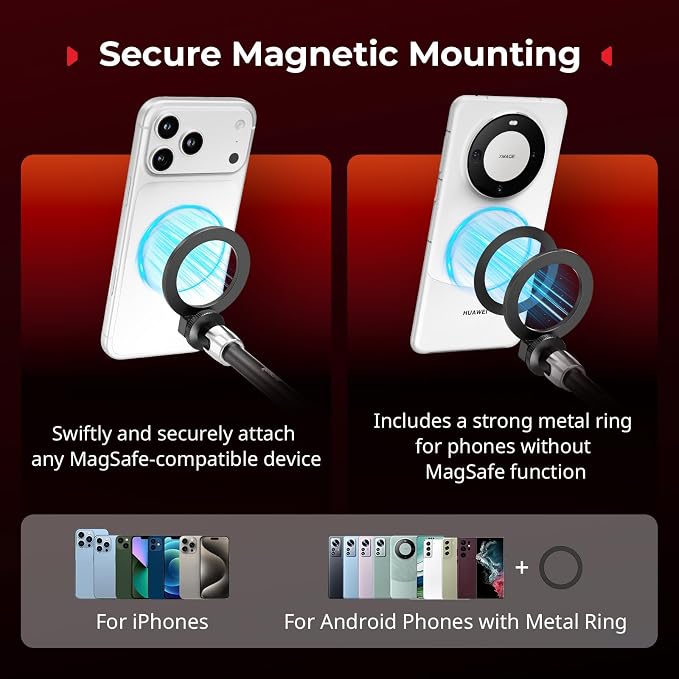 SmallRig Magic Arm Clamp w/ 1/4" Screw, Phone Mount for Magsafe & Magnetic Adapter Ring, 11 Inches Integrated Magic Arm for iPhone, for Android, for Action Cameras/LCD Monitor/LED Lights - 5604