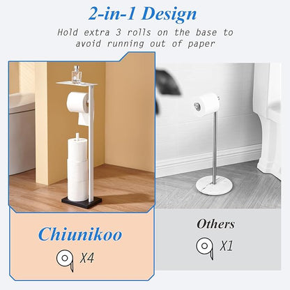 Freestanding Toilet Paper Holder Stand–Stainless Steel Bathroom Tissue Holder with Storage Tray & Roll Organizer (White & Black)
