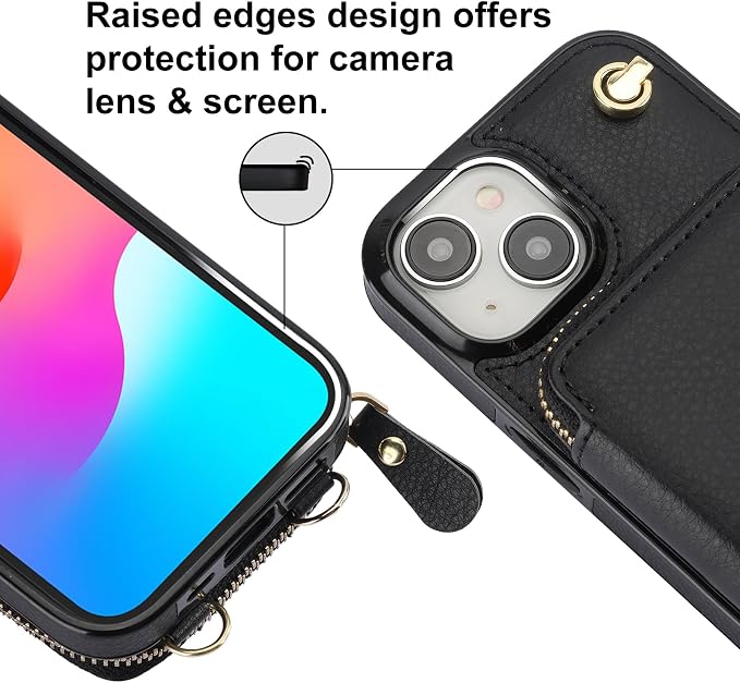 Bocasal Crossbody Wallet Case for iPhone 15, RFID Blocking Leather Purse Case with Card Holder, Protective Handbag Flip Cover with Zipper Wrist Strap Lanyard for Women 5G 6.1 Inch (Black)