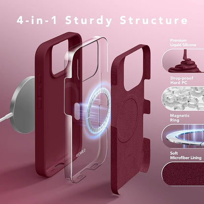 GONEZ Magnetic for iPhone 16 Pro Case, Compatible with MagSafe, [Screen Protector + Camera Lens Protector], Silicone Shockproof Anti-Scratch Protective Phone Case 6.3 inch, Maroon