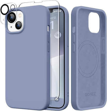 GONEZ Magnetic for iPhone 14 Case, Compatible with Magsafe, with Screen Protector + Camera Protector, Anti-Scratch Microfiber Lining, Liquid Silicone Shockproof Protective Phone Case, Lavender Gray