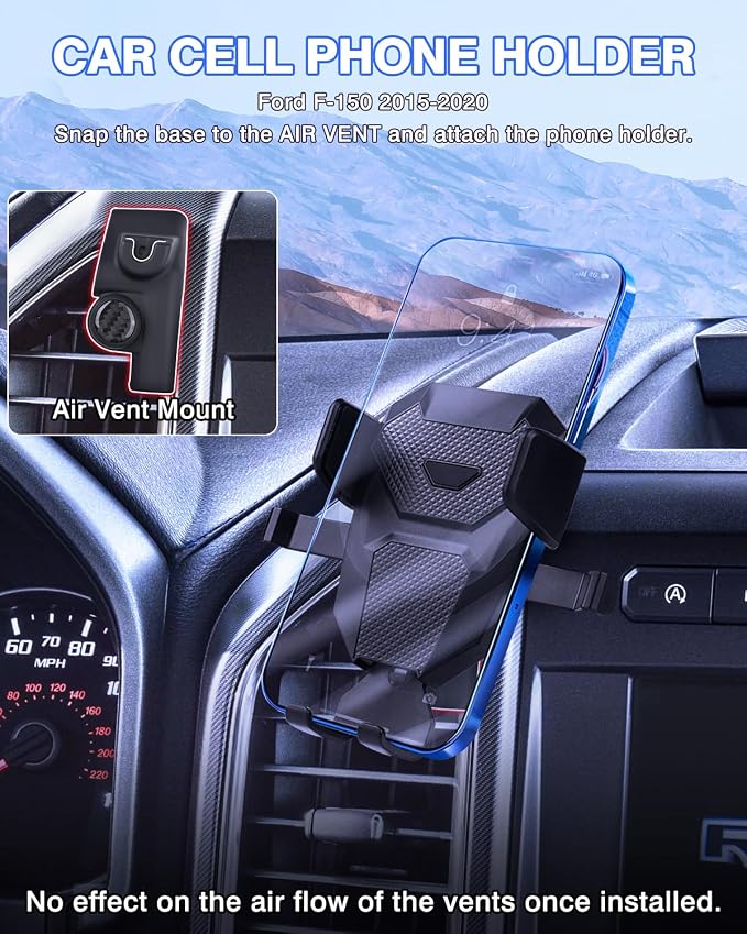 Karltys F150 Car Phone Holder for 2015-2020 Ford F-150 Accessories, Cell Phone Holder Air Vent Phone Mount for F-150, Never Blocking Hands Free Thick Case Friendly Holder for 4-7 Inch Phones