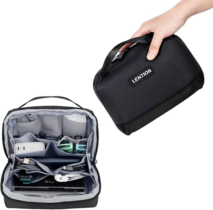 LENTION Premium Waterproof Electronics Organizer Travel Bag with Handle | Large Multi-Compartment Carry Case Fits Tablet, Chargers, Cables, Airpods & Hard Drives to Organize Small Tech Accessories