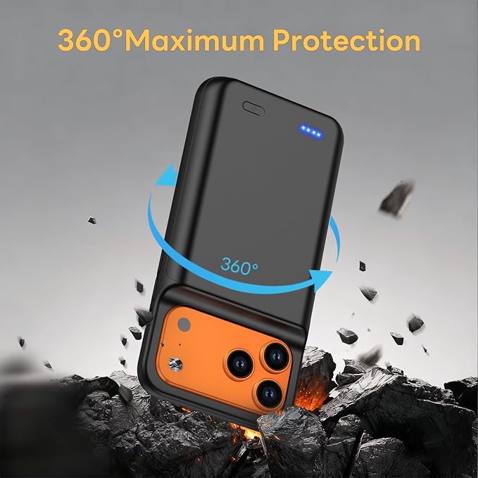 Battery Case for iPhone 17 Pro Max (6.9 inch), 7000mAh Ultra-Slim Protective Extended Charging Charger Case, 15W Fast Charging Rechargeable Battery Pack with Tempered Glass Screen Protector- Black