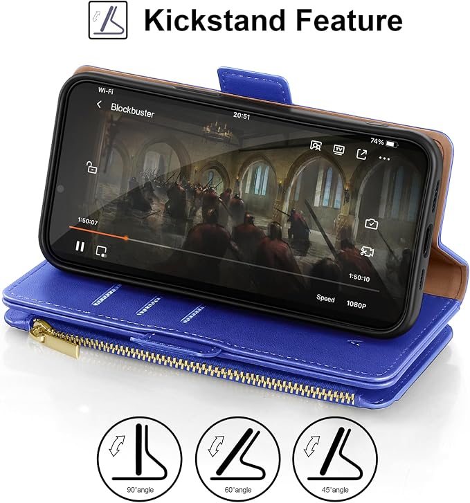 Antsturdy Compatible with iPhone 16 Plus Wallet Case,RFID Blocking PU Leather Phone Case Women Men Kickstand flip Cover Wrist Strap Zipper Credit Card Holder Slots for Apple 16 Plus 6.7",Ultramarine