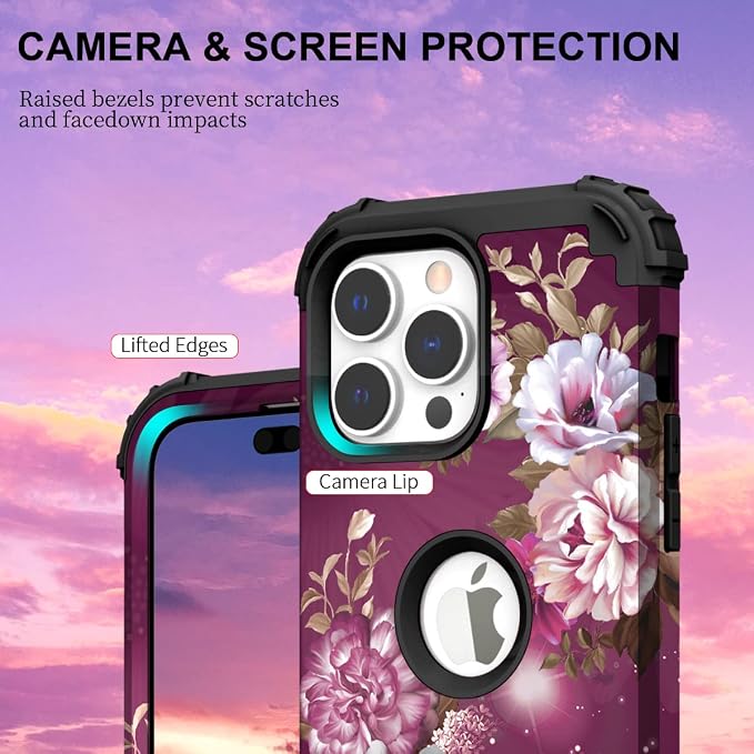 Hocase for iPhone 14 Pro Max Case, Heavy Duty Shockproof Protection Soft Silicone Rubber+Hard Plastic Bumpers Hybrid Protective Case for iPhone 14 Pro Max 2022 - Royal Purple Flowers