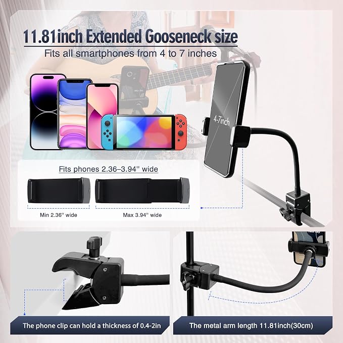 Clip Phone Holder for Desk,Pole,Pipe,Boom,Flat Surface with Adjustable Aluminium Arm Phone Clamp Mount for Mic Stand,Treadmill Compatible with All 4-7” Cell Phone (Long-Gooseneck Arm Phone Holder)