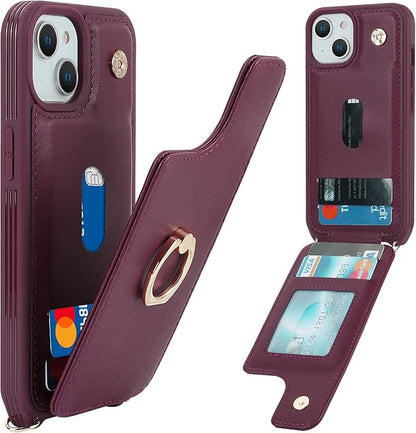 Lipvina for iPhone 14 Case with Card Holder and Strap for Women,Crossbody Lanyard,RFID Blocking,Stand Ring Kickstand,Snap Clasp,Phone Wallet Cases 6.1 inch(Wine Red)