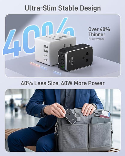 EPICKA Air 40W Universal Travel Adapter, PD Fast Charging International Power Adapter with 1 AC & 4 USB Ports, Worldwide Compact Travel Essentials for US/EU(Black, 1-Pack, Not a Voltage Converter)