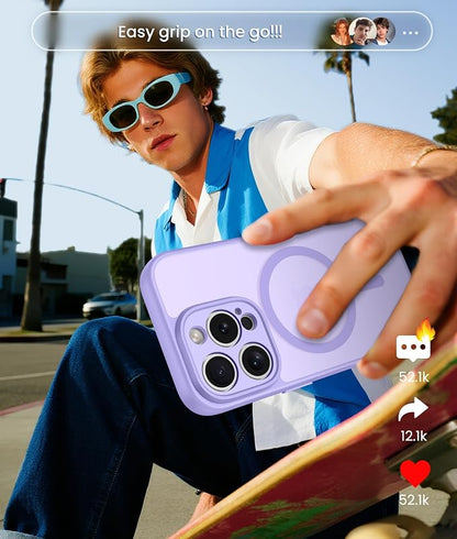 FNTCASE for iPhone 15 Pro Case: [Compatible with Magsafe] Translucent Matte Cases with [Full Camera Protection] [Screen Protector] Military Grade Shockproof Protective Phone Cover - Light Purple