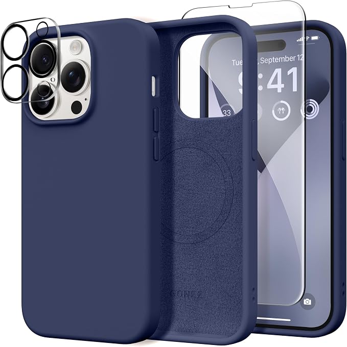 GONEZ for iPhone 14 Pro Case, Compatible with Magsafe, with Screen Protector + Camera Lens Protector, Soft Anti-Scratch Microfiber Lining, Shockproof Liquid Silicone Phone Cover, Midnight Blue