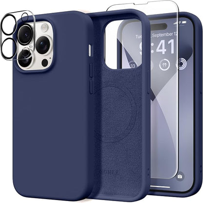 GONEZ for iPhone 14 Pro Case, Compatible with Magsafe, with Screen Protector + Camera Lens Protector, Soft Anti-Scratch Microfiber Lining, Shockproof Liquid Silicone Phone Cover, Midnight Blue