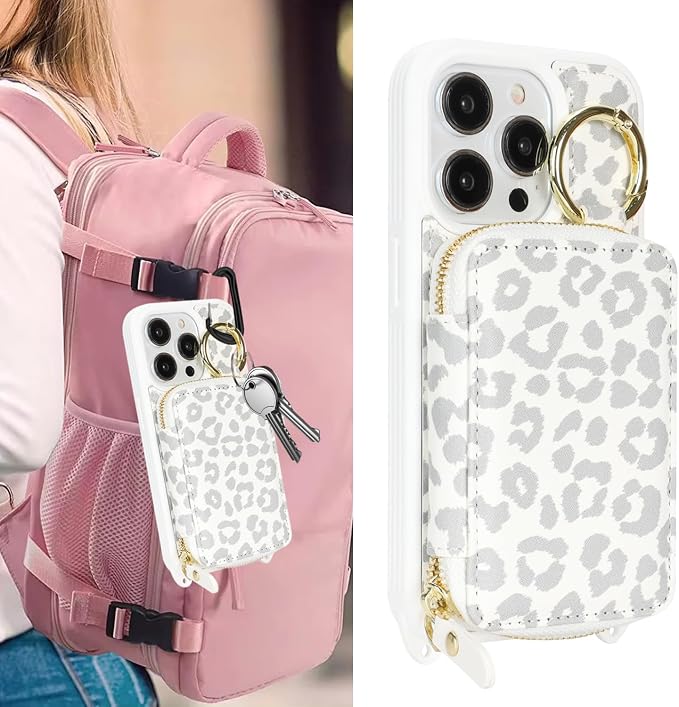 Crossbody Wallet Case for iPhone 14 Pro, PU Leather Zipper Handbag Purse Flip Cover, Kickstand Folio Case with Card Slots Holder Wrist Strap Lanyard 5G 6.1 Inch-White Leopard