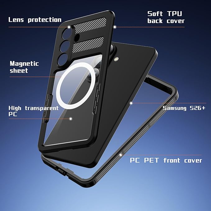Guppy for Galaxy S26 Plus Magnetic Waterproof Case, Built-in Screen Protector [IP68 Waterproof][14FT Military Drop Proof] 360° Full Body Protection Dustproof Shockproof Heavy Duty Rugged Case, Black